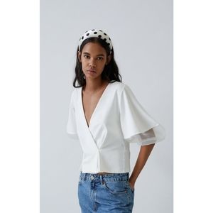 Zara White Balloon Organza Sheer V-neck Top Size L